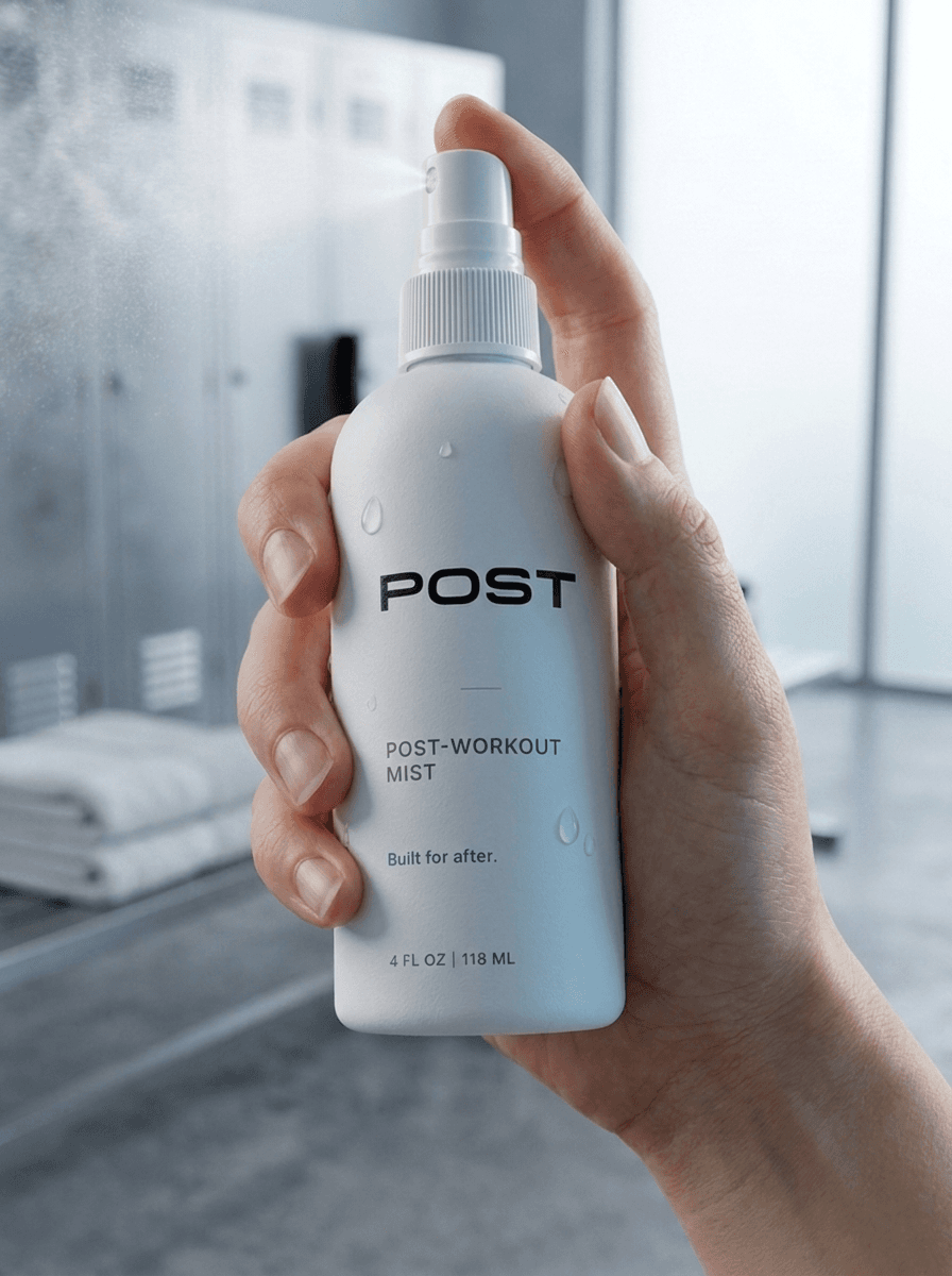 A hand spraying POST Workout Recovery Mist in a gym locker room